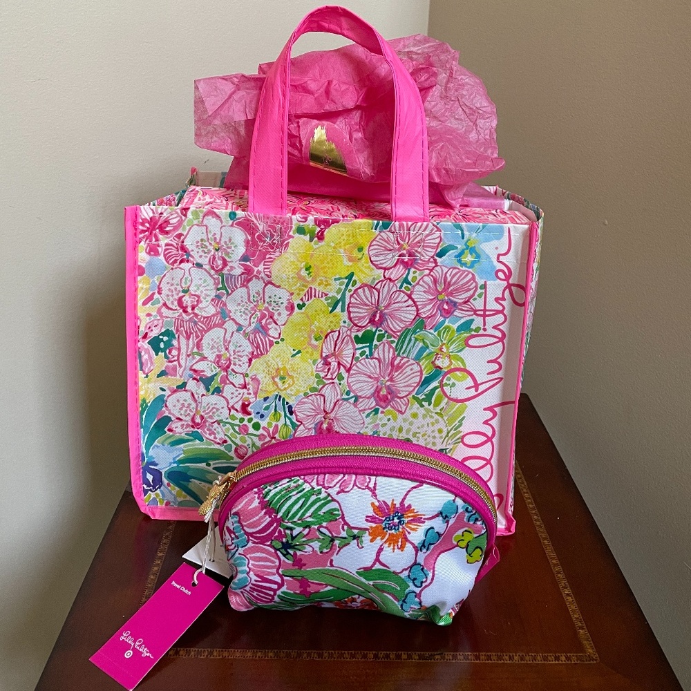 Lilly Pulitzer Pink Floral Travel Clutch and Bonus Gift Wrap Bundle